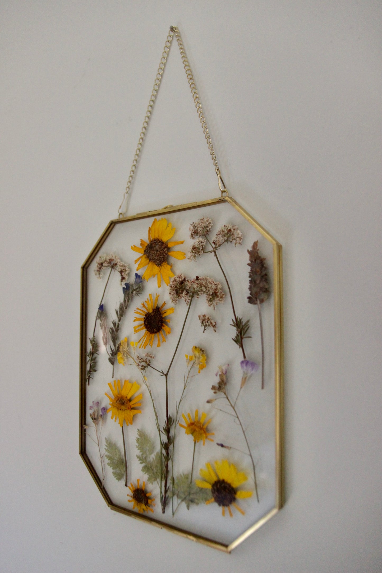 Pressed Flowers in Large Gold Hexagon Frame, 8"x10"