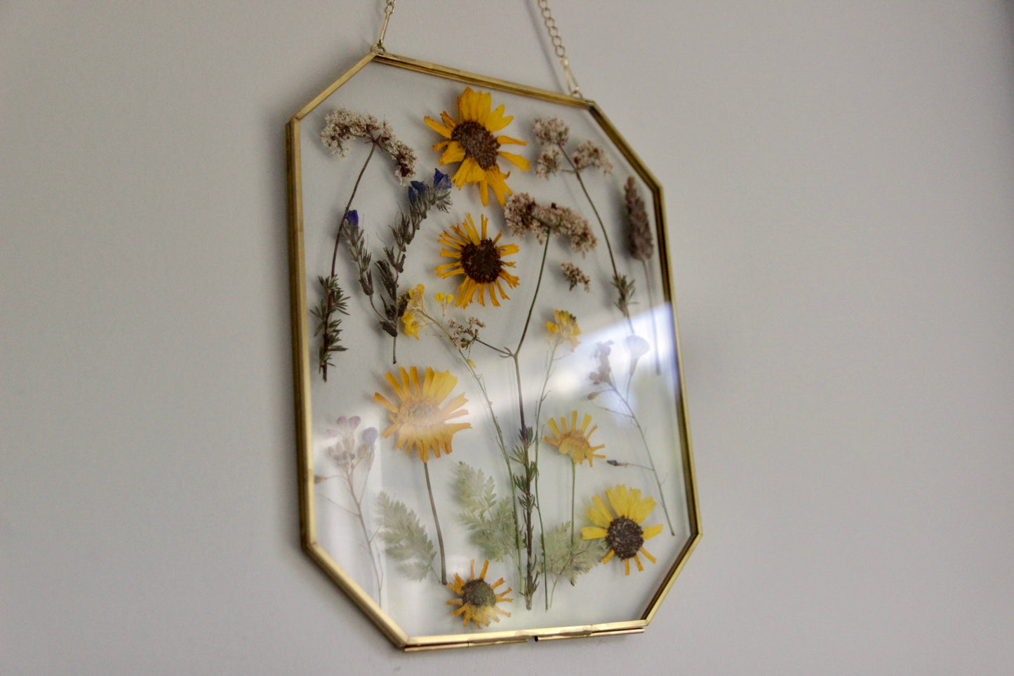 Pressed Flowers in Large Gold Hexagon Frame, 8"x10"