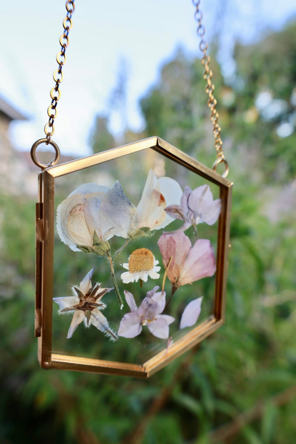 Pressed Flowers in Frame, 2”x3” Gold Hexagon (Copy)