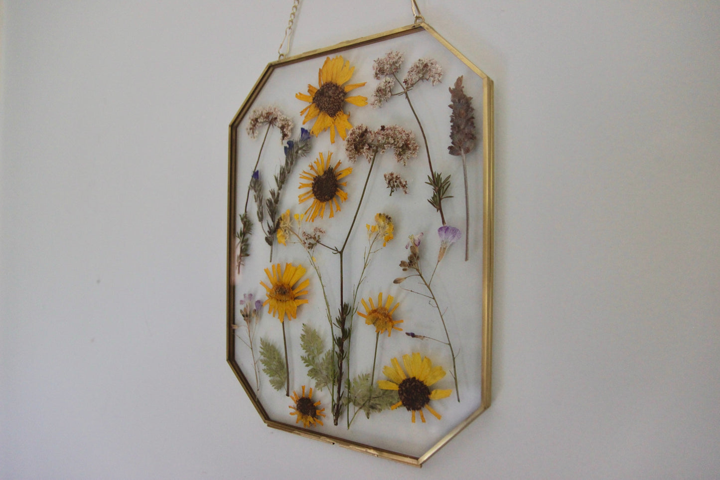 Pressed Flowers in Large Gold Hexagon Frame, 8"x10"