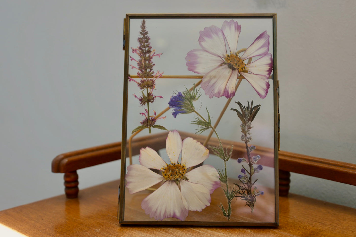 Pressed Flower Frame with Real Flowers in Antique Brass, 5"x7"