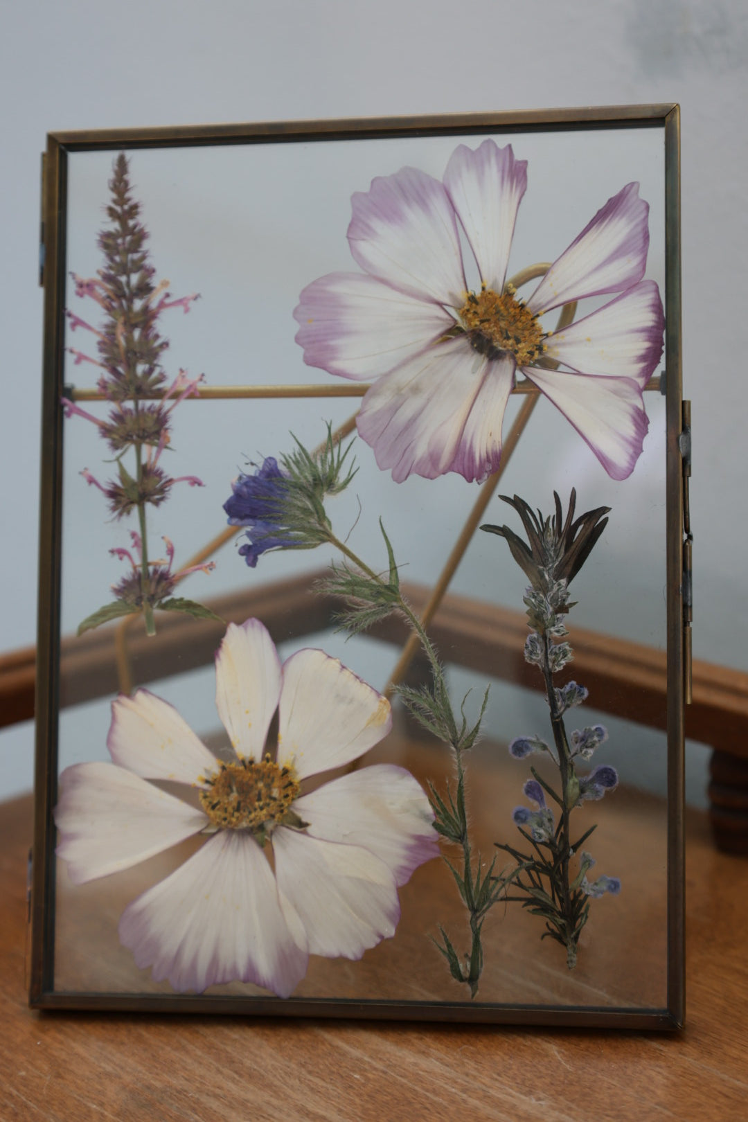 Pressed Flower Frame with Real Flowers in Antique Brass, 5"x7"