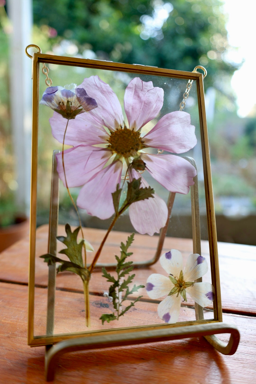 Pressed Flower Art in Gold Frame with Cosmos and California Native Flowers, 4"x6"