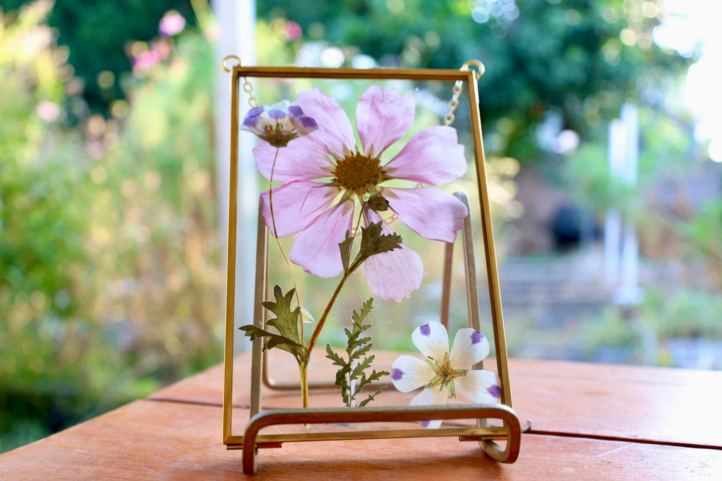 Pressed Flower Art in Gold Frame with Cosmos and California Native Flowers, 4"x6"