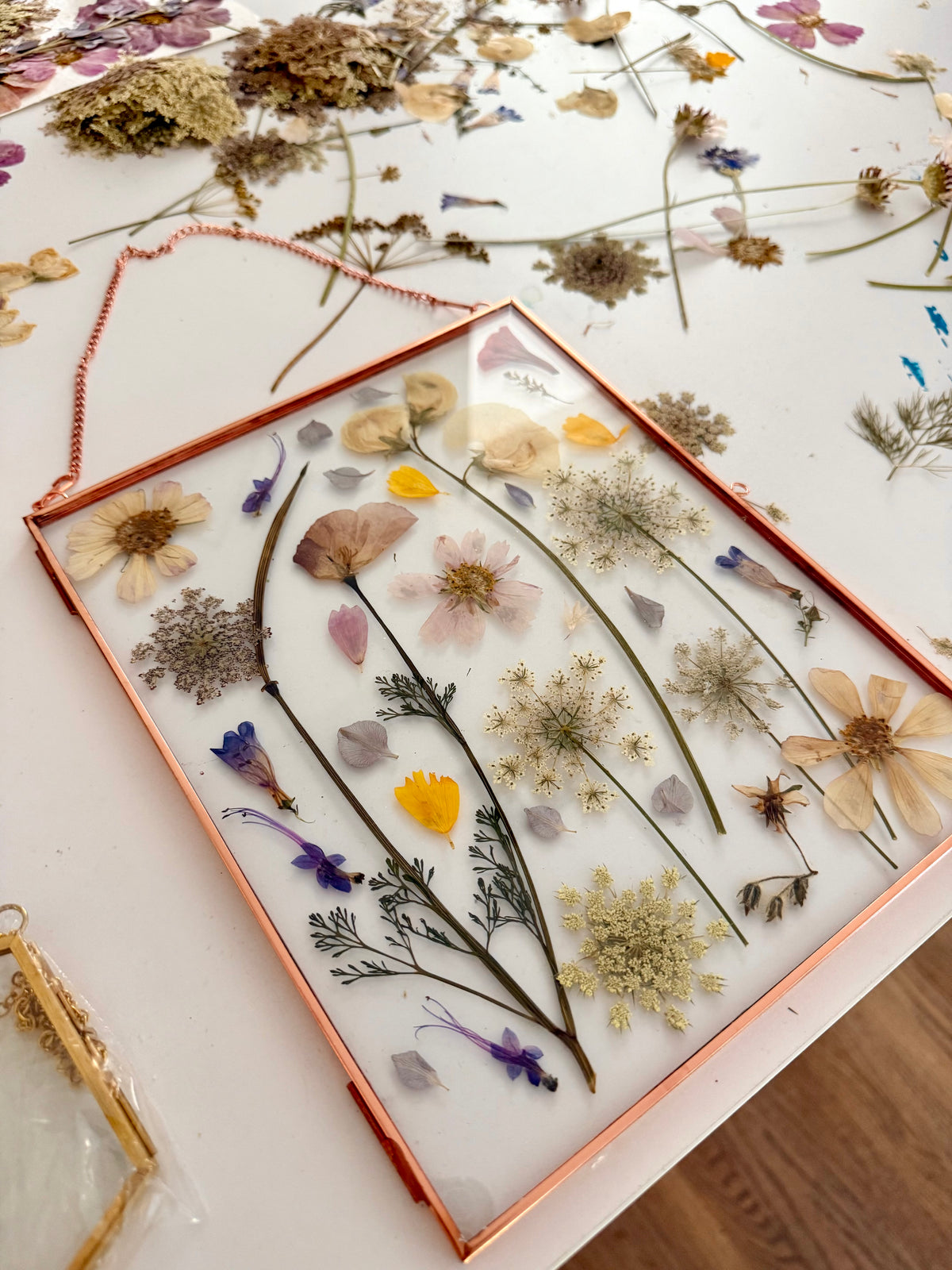 Pressed Flowers in Glass Frame, 8”x 10”, Rose Gold Frame