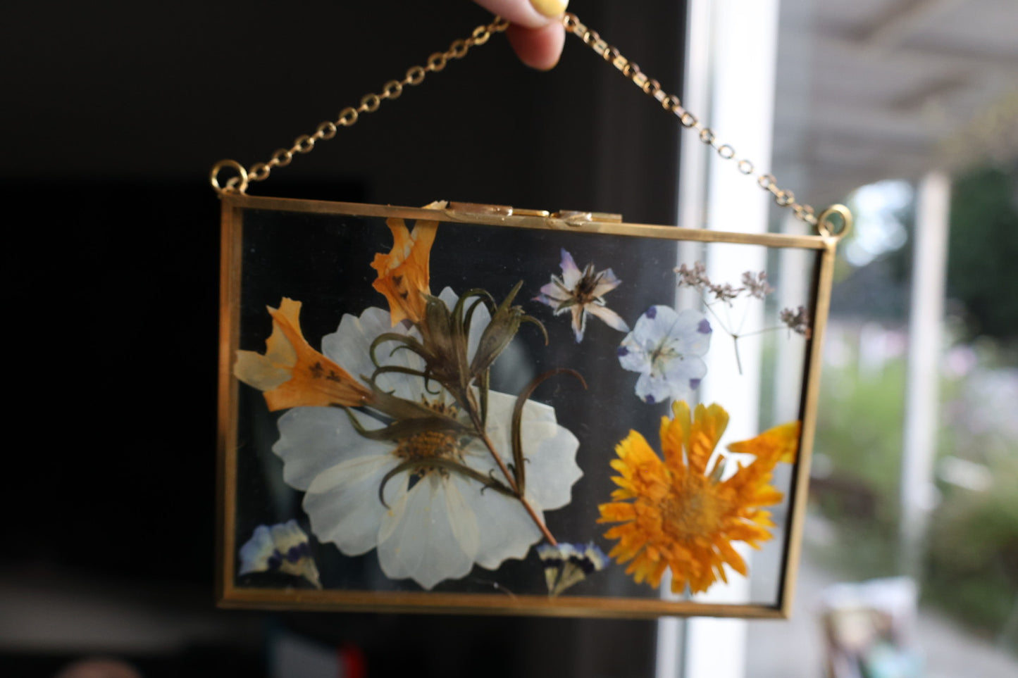 Pressed Flower Art with Real Flowers in Gold Frame with Chain, 4”x6”