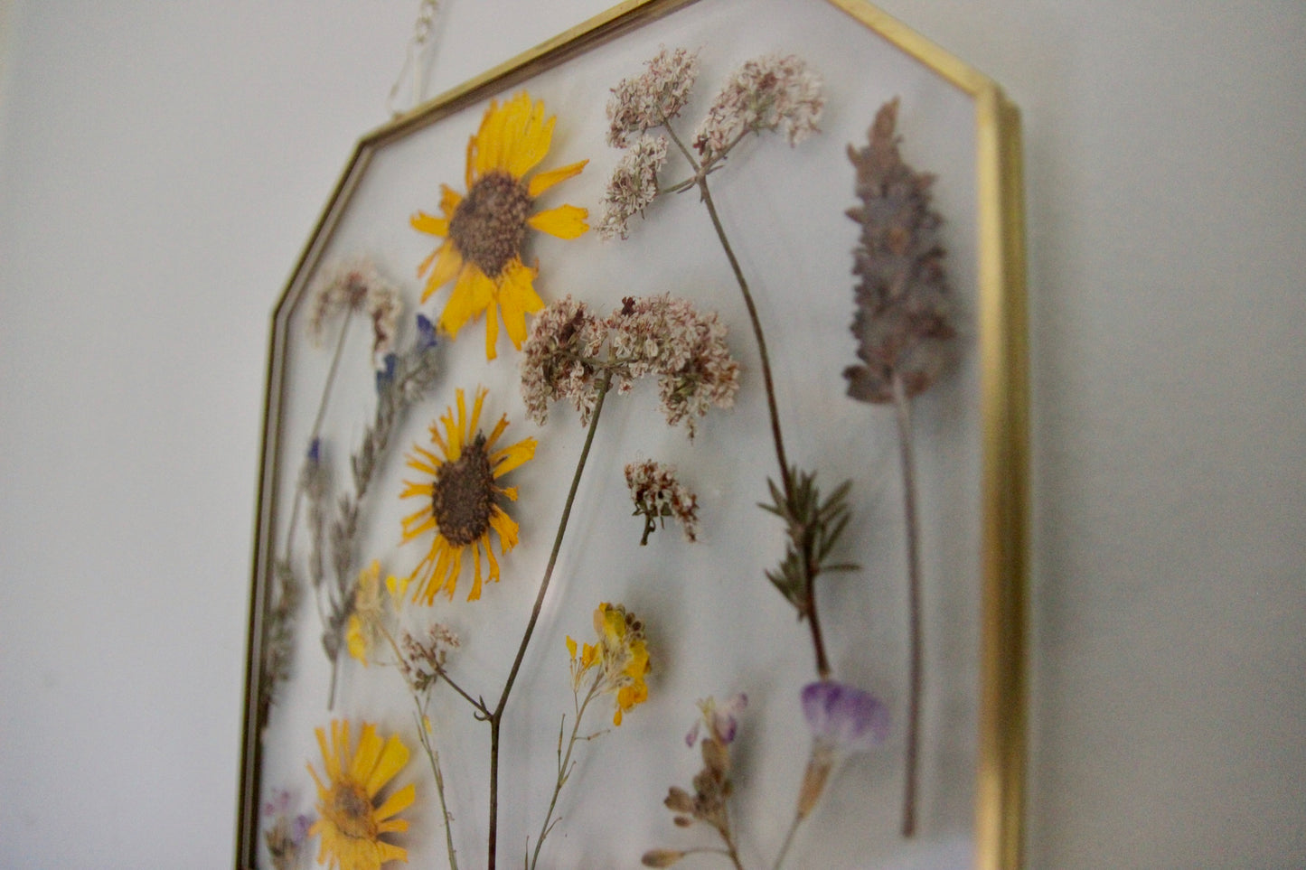 Pressed Flowers in Large Gold Hexagon Frame, 8"x10"