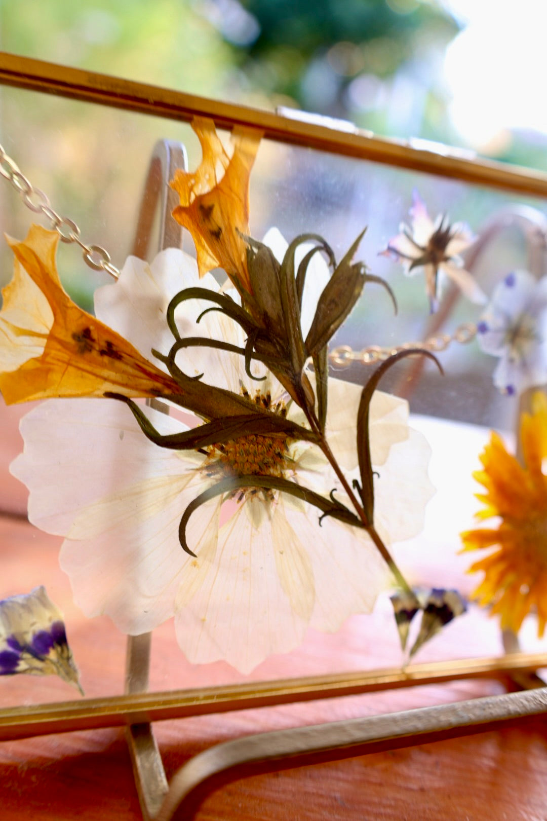 Pressed Flower Art with Real Flowers in Gold Frame with Chain, 4”x6”