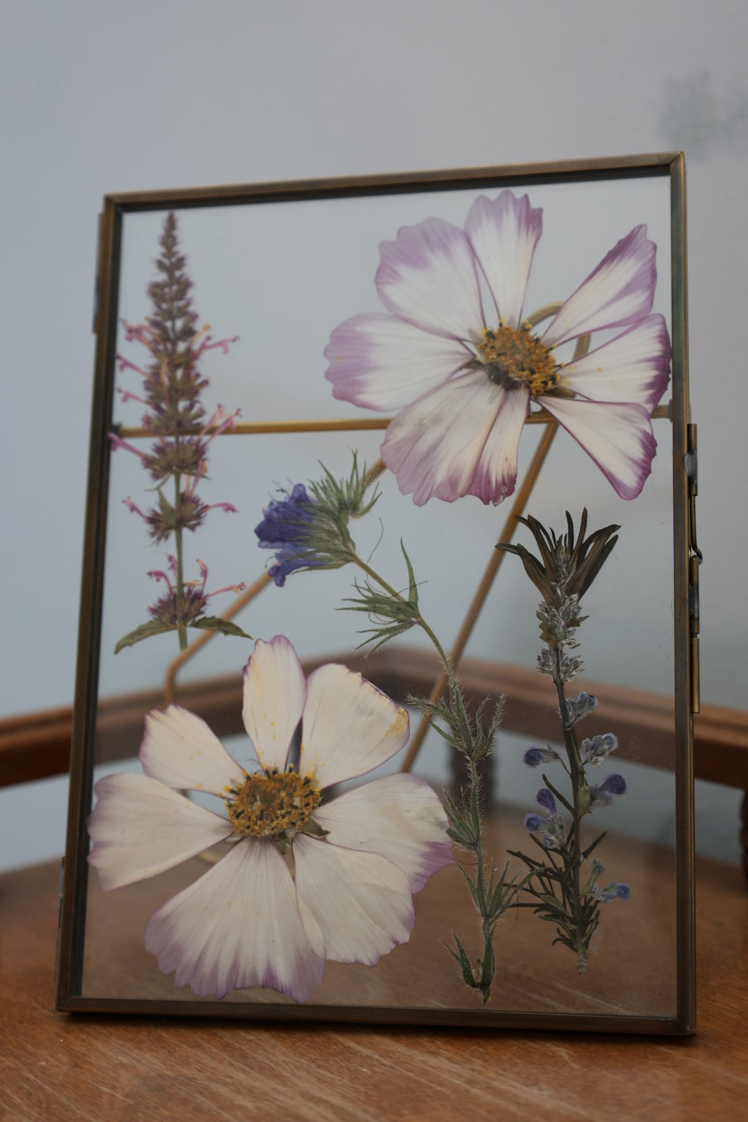 Pressed Flower Frame with Real Flowers in Antique Brass, 5"x7"