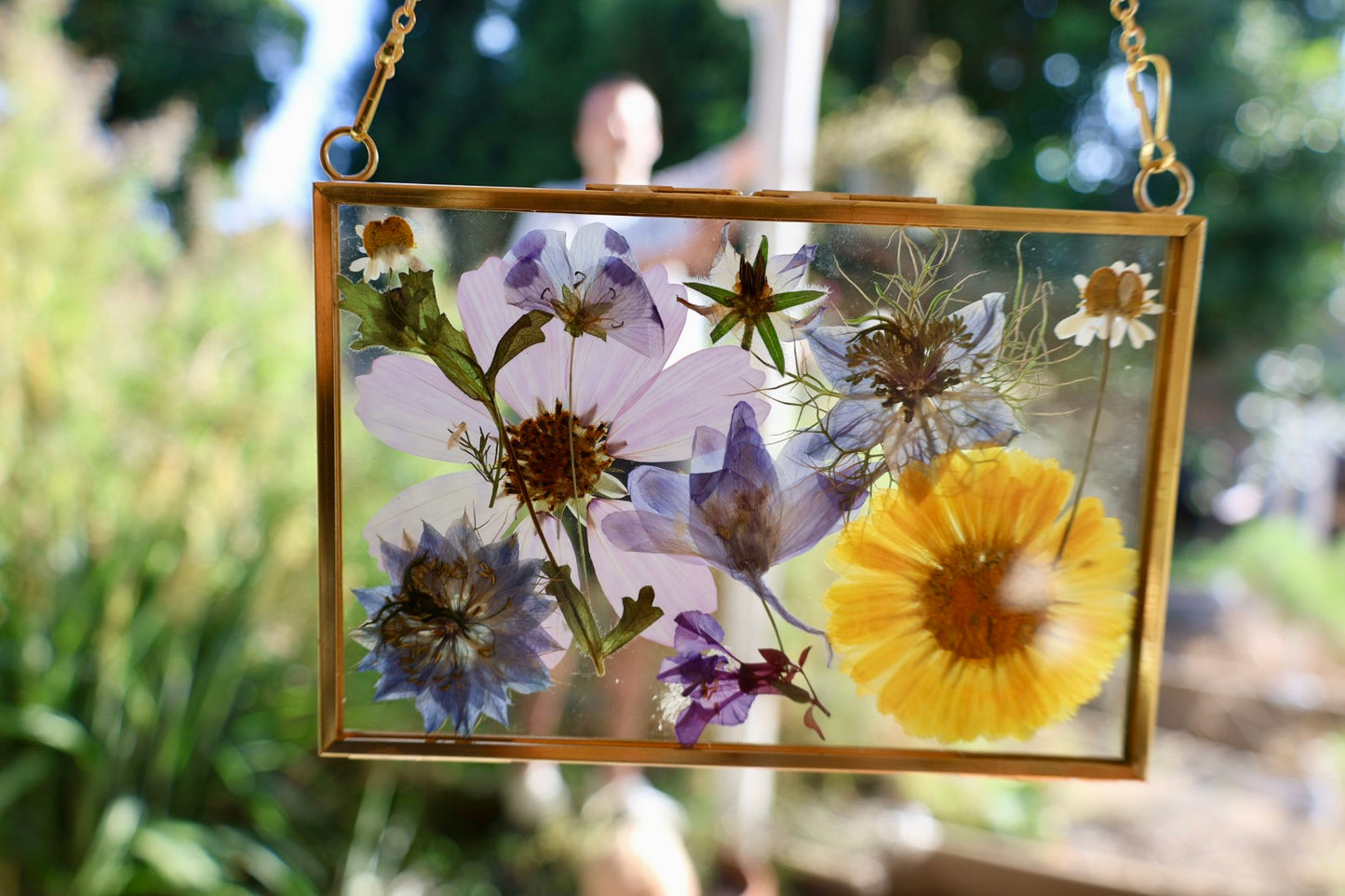 Pressed Flowers in Gold Frame with Chain, 4"x6"
