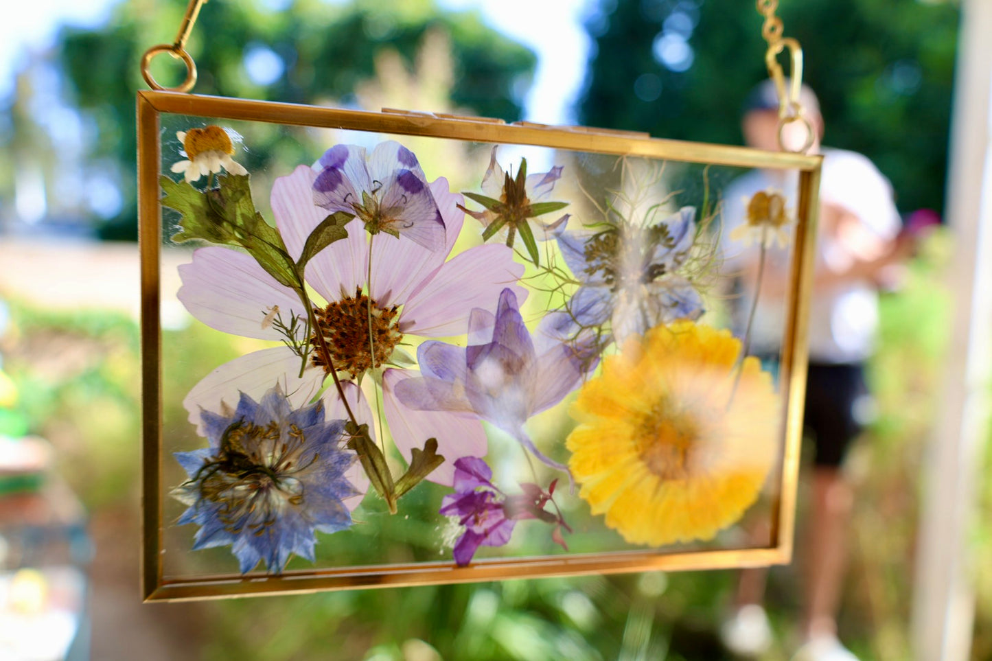 Pressed Flowers in Gold Frame with Chain, 4"x6"