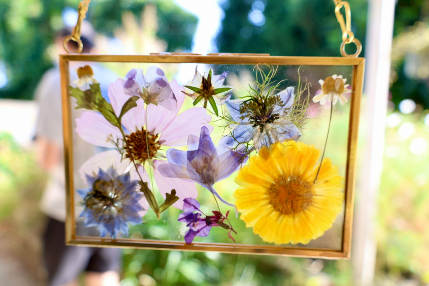Pressed Flowers in Gold Frame with Chain, 4"x6"