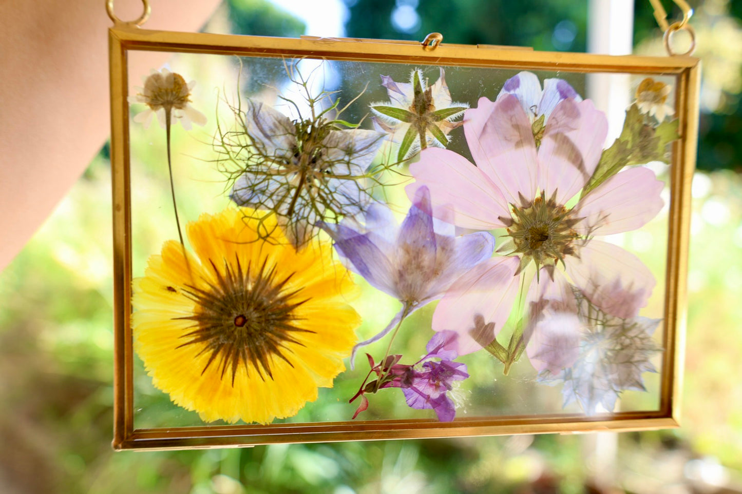 Pressed Flowers in Gold Frame with Chain, 4"x6"