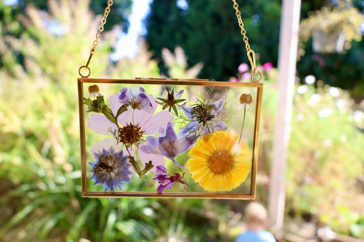 Pressed Flowers in Gold Frame with Chain, 4"x6"