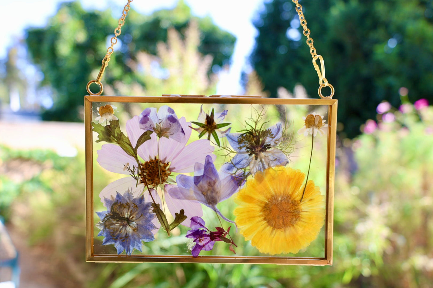 Pressed Flowers in Gold Frame with Chain, 4"x6"