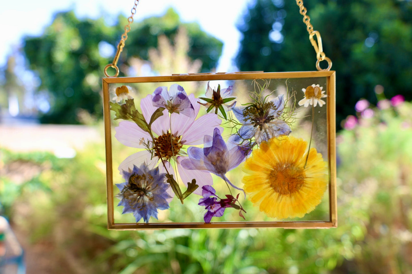 Pressed Flowers in Gold Frame with Chain, 4"x6"