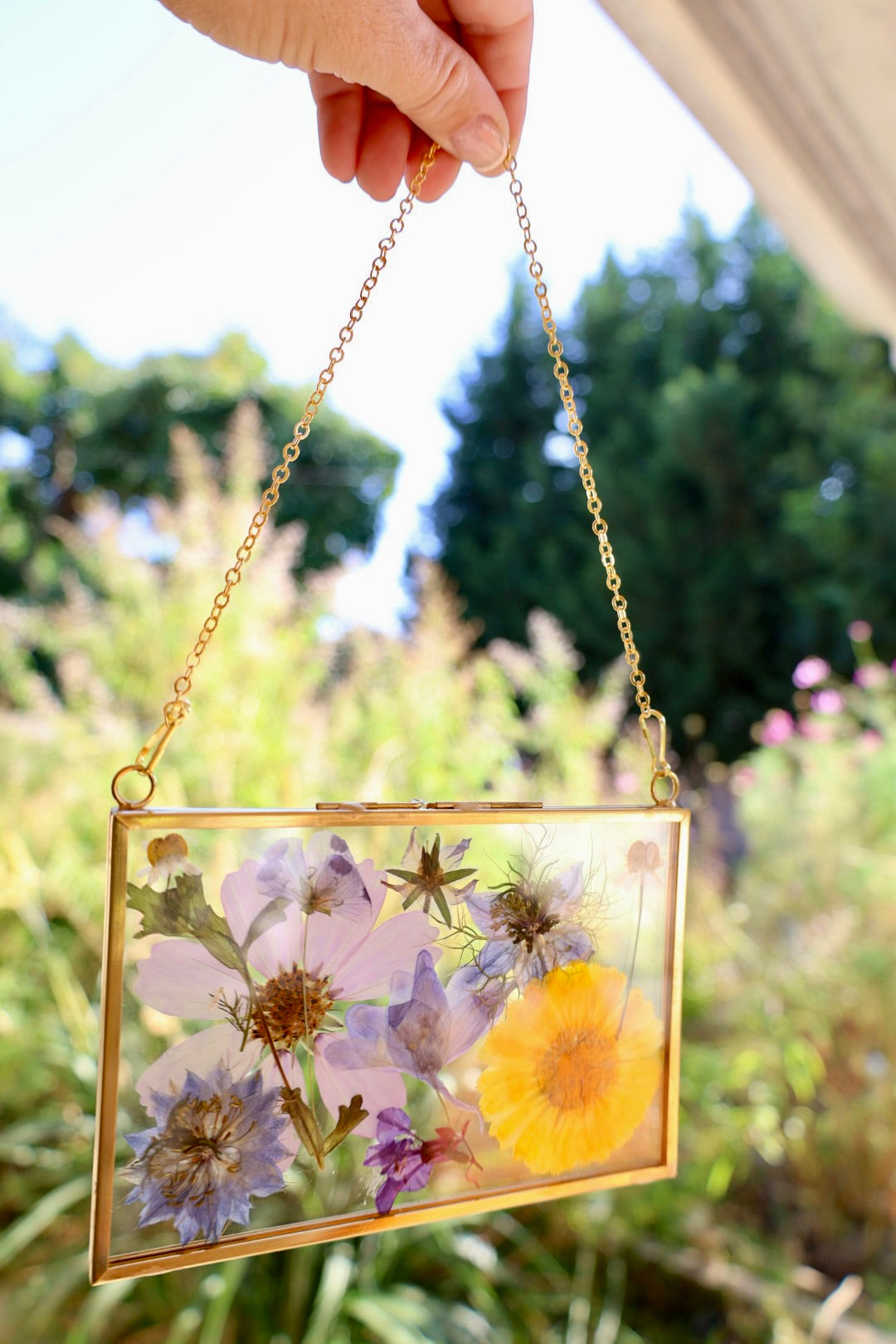 Pressed Flowers in Gold Frame with Chain, 4"x6"