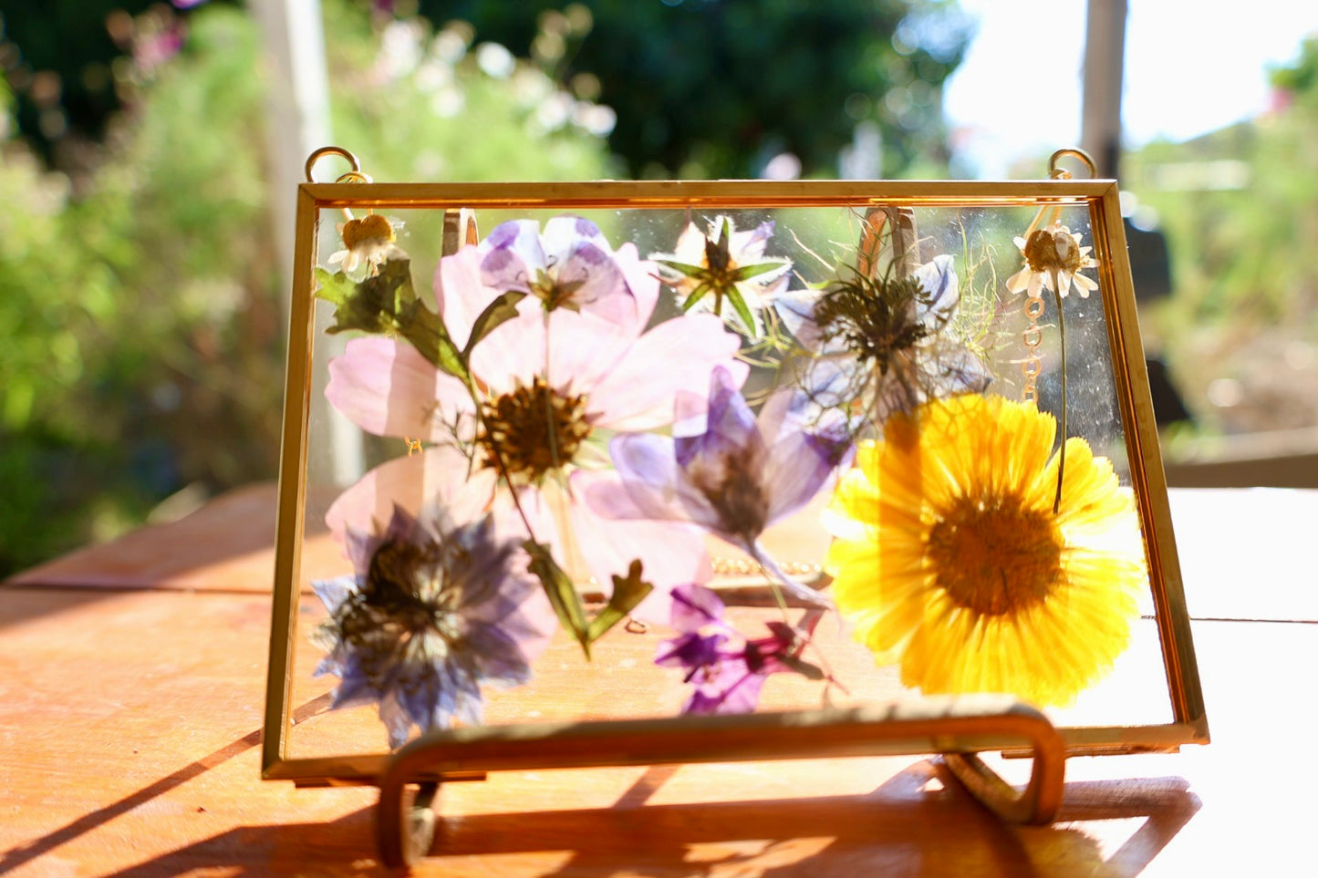 Pressed Flowers in Gold Frame with Chain, 4"x6"