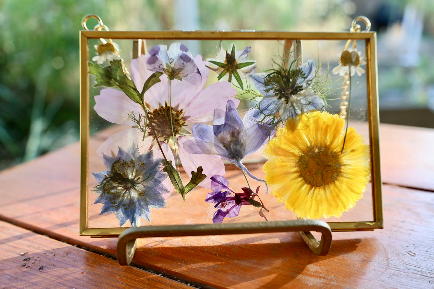 Pressed Flowers in Gold Frame with Chain, 4"x6"