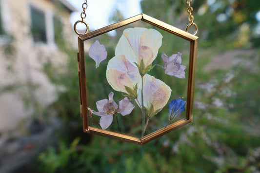 Pressed Flowers in Frame, 2”x3” Gold Hexagon