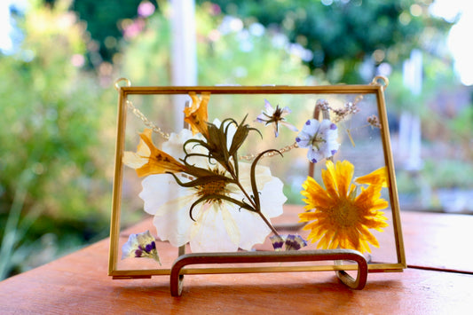 Pressed Flower Art with Real Flowers in Gold Frame with Chain, 4”x6”