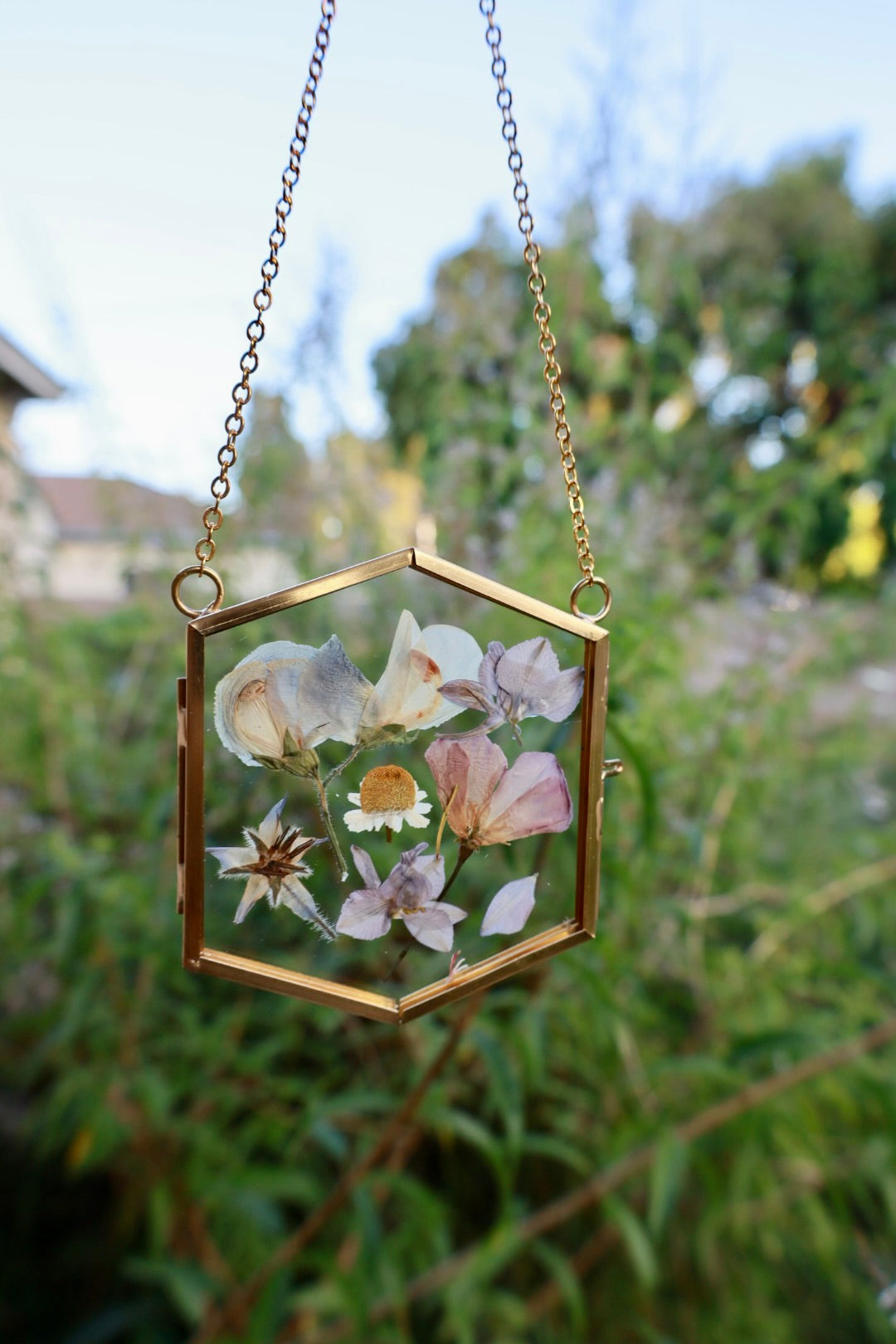 Pressed Flowers in Frame, 2”x3” Gold Hexagon (Copy)