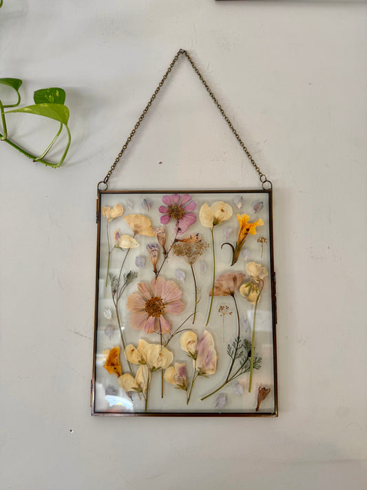 Real Pressed Flowers in Frame, 8”x10”, Antique Brass Frame